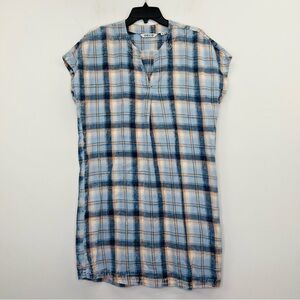 Orvis Women’s Medium Dress Plaid Blue Orange V Neck Short Sleeve 100% Cotton